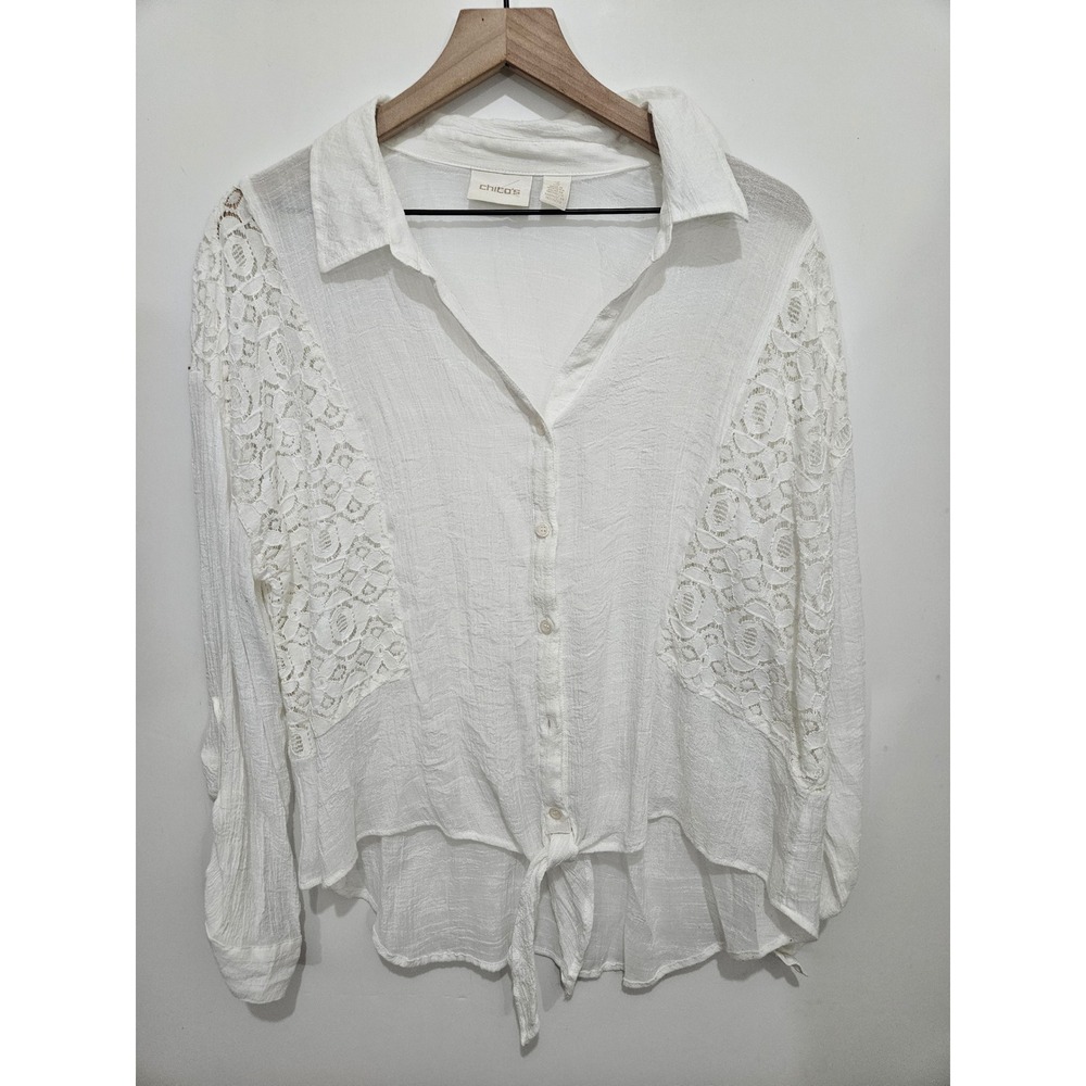 Chicos White Lace Panel Tie Front Button Down Shirt Women Size 3 Large XL